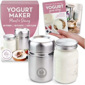 Stainless Steel Yoghurt Maker with 1 Quart Glass Jar and Complete Recipe Book to Make 12+ Easy Homemade Dairy Free and Milk Yogurts