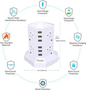 Powerjc Tower Power Strip Surge Protector 8 AC Outlets Outlet with 6 2.4A Totals 6A Ports Smart USB Chargers 2M Long Extension Cord SAA Certified White