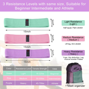 Strength Booty Fabric Bands, Xcellent Global 3 Pcs Non-Slip Fabric Resistance Bands for Butt, Leg & Arm, Circle Workout Hip Bands with Varied Resistance Levels