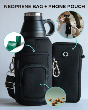 SEASSUN Dog Water Bottle and Dog Walking Bag with Mobile Phone Holder – 950Ml Insulated Dog Drink Bottle with Two Detachable Dog Bowls & Neoprene Adjustable Crossbody Bag with Dog Treat Pouch