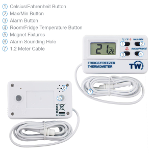 Fridge Thermometer or Freezer Thermometer Digital with Warning Alarm and Max Min Feature 1.2M Cable