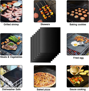 Grill Mats for Outdoor Grill Set of 6, Nonstick BBQ Grill Mats Reusable and Easy to Clean, Baking Mats Works on Gas, Charcoal, Electric Grill (Black: 40X33Cm)