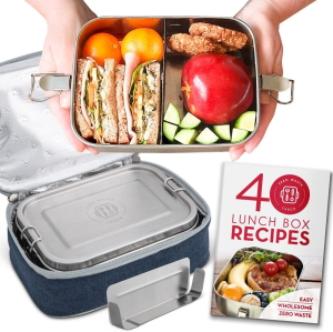 Stainless Steel Lunch Box with Bag | Removable Bento Divider | Leak Proof Lid | Container for Salads, Snacks, Leftovers | plus Lunch Box Ideas Recipe Book | Medium Size