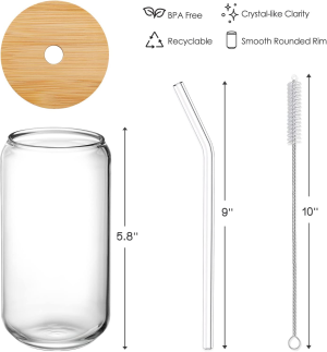 NETANY [ 8Pcs Set ] Drinking Glasses with Bamboo Lids and Glass Straw – 16Oz Can Shaped Cups, Beer Glasses, Iced Coffee Cute Tumbler Cup, Ideal for Cocktail, Whiskey, Gift 2 Cleaning Brushes