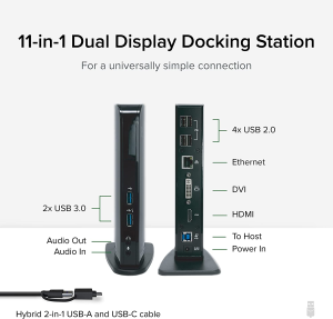 Plugable USB 3.0 Universal Laptop Docking Station Dual Monitor for Windows and Mac, USB 3.0 or USB-C, (Dual Video: HDMI and HDMI/DVI/VGA, Gigabit Ethernet, Audio, 6 USB Ports)