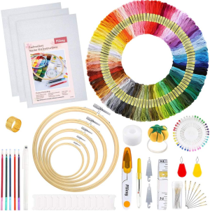 Pllieay Full Range of Embroidery Starter Kit with Instructions, 5 Pieces Bamboo Embroidery Hoops, 100 Colors Threads, 3 Pieces Aida Cloth and Cross Stitch Tools Kit for Sewing