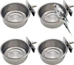 Tfwadmx 2 Pack Bird Feeding Dish Cups, Parrot Food Bowl Clamp Holder – Stainless Steel Coop Cup, Bird Cage Water Bowl for Parakeet African Greys Conure Cockatiels Lovebird Budgie Chinchilla