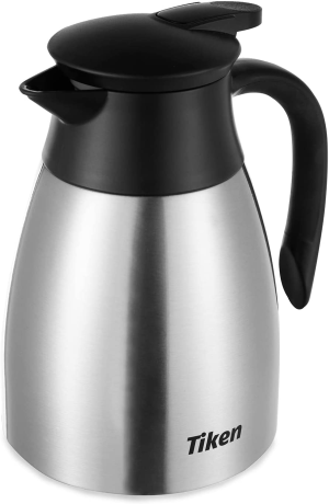 Tiken 34 Oz Thermal Coffee Carafe, Stainless Steel Insulated Vacuum Coffee Carafes for Keeping Hot, 1 Liter Beverage Dispenser (Silver)