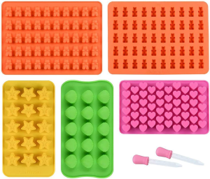 Silicone Gummy Molds Chocolate Molds Candy Mold and Silicone Ice Cube Tray Nonstick Including Hearts, Stars, Shells & Bears Set of 5 Best Food Grade Silicone Gumdrop Molds with 2 Bonus Droppers