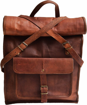 23″ Brown Leather Backpack Vintage Rucksack Laptop Bag Water Resistant Roll Top College Bookbag Comfortable Lightweight Travel Hiking/Picnic for Men