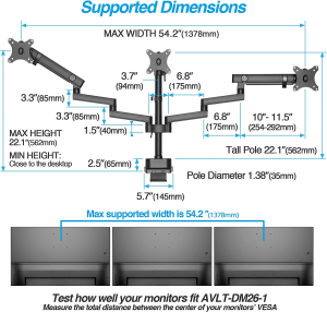 AVLT Triple 17″-27″ Monitor Arm Desk Mount Fits Three Flat/Curved Monitor Full Motion Height Swivel Tilt Rotation Adjustable Monitor Arm – Extra Tall/Vesa/C-Clamp/Grommet/Cable Management