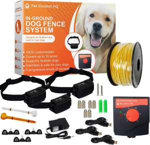 Wireless Electric Dog Fence System by Pet Control HQ, Safe Electric Pet Containment System Including an Adjustable Waterproof Rechargeable Dog Shock Collar with Receiver, Hidden Wire Fence, 5 Correction Levels, 10 Acres, CE (2 Shock Collar with Receiver)