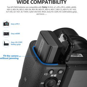 Neewer NP-FW50 Replacement Battery Charger Set, Compatible with Sony ZV-E10, A7, A7R, A7Rii, A7Ii, A7Sii, A7S, A7Rii, A6300, A6400, A6500, RX10, 2-Pack 1100Mah Battery, Dual USB Charger, USB-C Cable