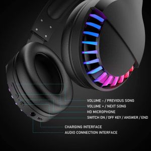 Wireless Bluetooth Headphone with Noise Cancellation Hifi Stereo Sound Mic Deep Bass Protein Earpad Rainbow RGB Backlight Rechageable over Ear Headset for PC Mac Game Travel Class Home Office(Black)