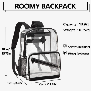 Kasqo Clear Backpack, 15.6 Inch Heavy Duty PVC Transparent Backpack See through Backpacks for School, College, Sports, Work, Travel, Stadium Approved