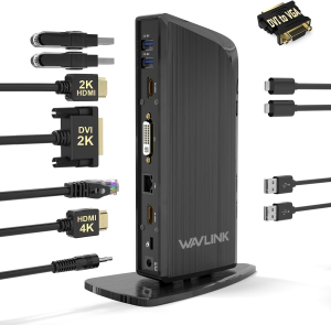 WAVLINK USB 3.0/USB C Hub Triple Display 4K with 100W Charging, Universal Docking Station for Laptop, 2Xhdmi, 1Xvga, 4Xusb 3.0, 2Xusb C, Gigabit Ethernet, Audio/Mic, Vertical Dock, Black