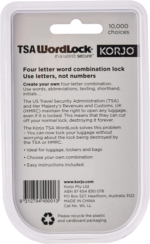 Korjo Luggage Wordlock 4 Letter Word Lock, TSA Authorized, Black