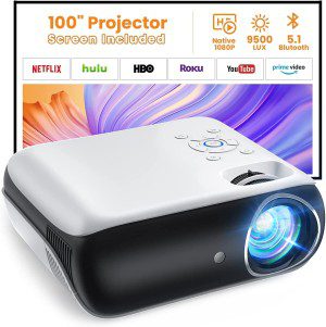 Projector, Native 1080P Bluetooth Projector with 100”Screen, 9500L Portable Outdoor Movie Projector Compatible with Smartphone, Hdmi,Usb,Av,Fire Stick, PS5