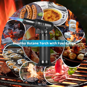 Sondiko Butane Torch with Fuel Gauge S907, Refillable Kitchen Torch Lighter with Safety Lock and Adjustable Flame, One-Handed Operation, Fit All Butane Tanks Kitchen Torch for Desserts, Creme Brulee