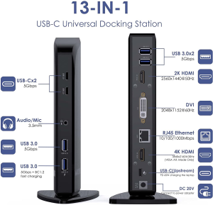 WAVLINK USB 3.0/USB C Hub Triple Display 4K with 100W Charging, Universal Docking Station for Laptop, 2Xhdmi, 1Xvga, 4Xusb 3.0, 2Xusb C, Gigabit Ethernet, Audio/Mic, Vertical Dock, Black