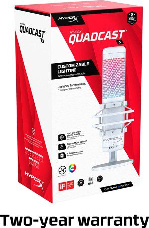 Hyperx Quadcast S – RGB USB Condenser Microphone for PC, PS5, Mac, Anti-Vibration Shock Mount, 4 Polar Patterns, Pop Filter, Gain Control, Gaming, Streaming, Podcasts – White