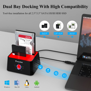 WAVLINK USB 3.0 to SATA Dual-Bay External Hard Drive Docking Station with UASP for 2.5/3.5-Inch HDD SSD, Hard Drive Duplicator Offline Clone Function Supported-2X16Tb