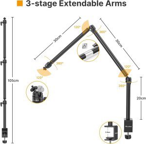 VIJIM LS08 Overhead Camera Desk Mount Stand, Flexible Webcam Stand Microphone Boom Arm, 360° Rotation Tabletop Aluminum C-Clamp Stand, Standard ¼” ⅜” ⅝” Screw for DSLR Camera, Microphone & Webcam