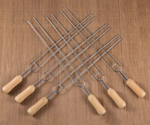 IMEEA Double Prongs BBQ Skewers Barbecue Shish Kebab Skewers Stainless Steel for Grilling Wooden Handle 15 Inch (6)