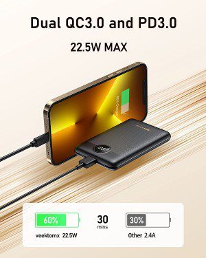 VEEKTOMX Mini Power Bank, 10000Mah 22.5W USB C Ultra-Thin Portable Charger with PD 3.0, QC, Fast Charge Phone Battery Pack, Ultra-Compact Small External Battery for Iphone/Samsung/Heated Vest(Black)