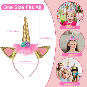 SUNOVELTIES 6 Pack Unicorn Horn Glitter Ears Flower Headband Birthday Party Favor Supplies