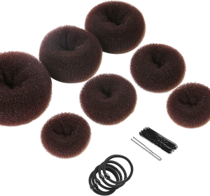 Donut Hair Bun Maker 7 Pieces, Teenitor Ring Style Bun Maker Set with (1 Extra-Large, 2 Large, 2 Medium and 2 Small), 5 Pieces Hair Elastic Bands, 20 Pieces Hair Pins, Dark Brown