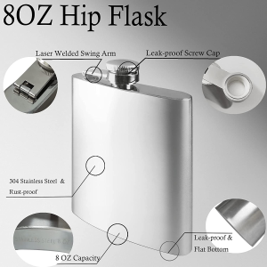 Yowamho 2Pcs Hip Flask for Liquor 8 Oz Stainless Steel with Metal Funnel, Easy Pour, Leakproof, Attached Screw-On Cap,304 Food Grade, Used for Storing Drinks and Liquor,Men and Women’S Gift