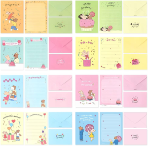 Monolike Happy and Lucky Birthday Letter Paper and Envelopes Set – 8Type, 32 Letter Paper + 16 Envelopes