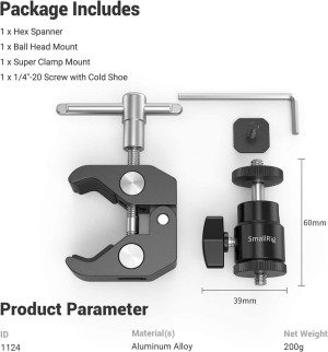 SMALLRIG Super Clamp Mount with Ball Head Mount Hot Shoe Adapter and Cool Clamp – 1124