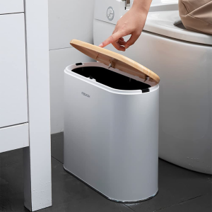 Slim Plastic Trash Can with Lid, 10 Liter Double Barrel Wastebasket, Rectangular Garbage Container Bin for Bathroom, Bedroom, Kitchen, Office