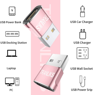 TRANLIKS USB to USB C Adapter, USB Type C Female to USB a Male Converter, Supports Charging and Data Transmission(4 Pack Pink)