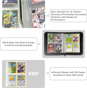 YOZOTI Card Binder for PKMN Trading Cards, 4-Pocket Pages Sleeves 400 Pockets Card Binders Holder Folder Album Book Protectors, Fit for TCG Yugioh MTG Baseball Football Cards