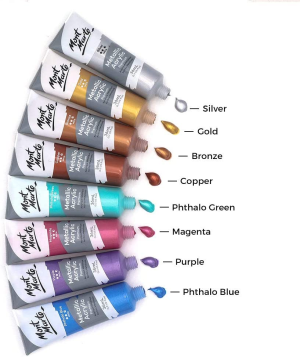 Mont Marte Metallic Acrylic Paint Set 8 Piece X 36 Ml Tubes, Lightfast Colors with Smooth Consistency and Opaque Metallic Finish.