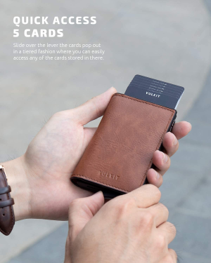 VULKIT Card Holder Pop up Slim Wallet Leather RFID Blocking Card Case up to 8 Credit Cards Brown