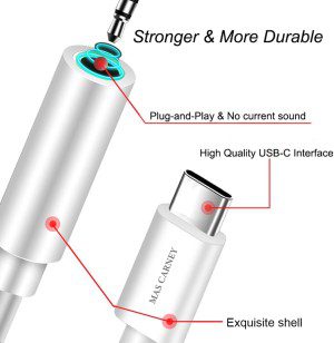 【2-Pack, Black + White】 MAS CARNEY USB Type C to 3.5 Mm Female Aux Adapter, Hifi Sound Headphone Jack, Compatible with Huawei Google Pixel Mi Moto Z Pro Macbook