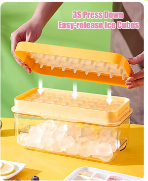 【1S Press to Release】 Ice Cube Tray with Lid and Storage Bin, 32-Tray Easy-Release Ice Cube Maker Flexible Silicone Ice Cube Mold for Freezer, Comes with Scoop and Press Plate