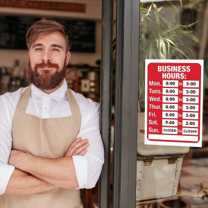 Open Signs, Business Hours Sign Kit – Bright Red and White Colors – Includes 4 Double Sided Adhesive Pads and a Black Number Sticker Set – Ideal Signs for Any Business, Store or Office