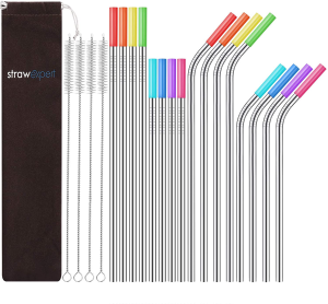 Strawexpert 16 Pack Rose Gold Reusable Metal Straws with Silicone Tip & Travel Case & Cleaning Brush,Long Stainless Steel Straws Drinking Straw for 20 and 30 Oz Tumbler