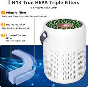 Air Purifier, Desktop Portable Purifier, 99.99% Air Clean, 3-In-1 H13 True HEPA Filter, 4 Purify Modes, Air Condition Detect, Night Light, Low Noise, Filter Replace, up to 216 Sq.Ft(20M²), Type-C Plug