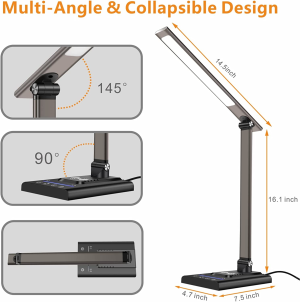 LED Desk Lamp 12W with Fast Wireless Charger & USB Charging Port, Led Desk Light with 35 Dimmable Adjustable Lighting, 40Min/1Hr Timer, Eye-Caring Bedside Lamp for Home Office, Reading, Study