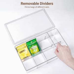 [2 Pack] Puricon Clear Tea Bag Organizer for Cabinet Pantry, Divided Bin Storage Container for Tea Packets Wrapped Tea Bags Snacks