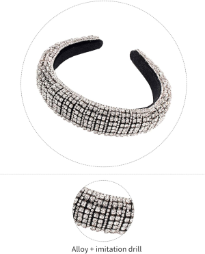 Women Black Padded Hairbands Rhinestones Hair Band Crystal Hairband Beaded Sparkle Heabands Wide Headband Hair Hoops