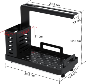 Kitchen Sink Caddy Organiser, Sponge Holder Brush Soap Dishcloth Holder with Drain Pan and 2 Packs Sucker, Stainless Steel Sink Organiser for Kitchen, Freestanding or Wall-Mounted (Black)