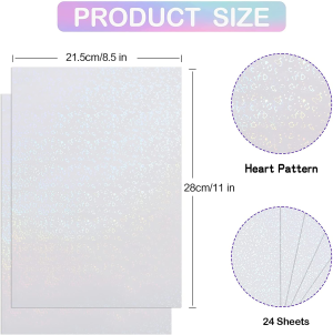 Holographic Sticker Paper, 24 Sheets Transparent Holographic Vinyl Overlay Lamination Sheets, Clear Self Adhesive Laminate Sticker Film for Stickers DIY Crafts, Heart Patterns – 8.5X11 Inch