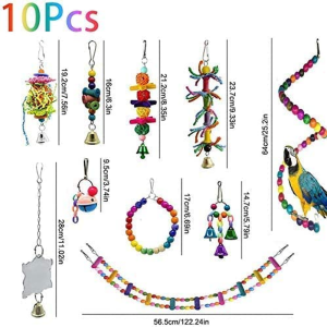 SHOPJING 10 Packs Bird Swing Chewing Toys- Parrot Hammock Bell Toys Parrot Cage Toy Bird Perch with Wood Beads Hanging for Small Parakeets, Cockatiels, Conures, Finches,Budgie,Parrots, Love Birds